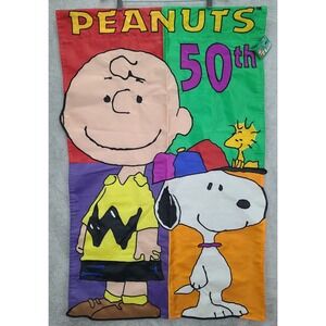 Vintage Peanuts 50th Anniversary House Flag Charlie Brown Snoopy Woodstock 27X43
